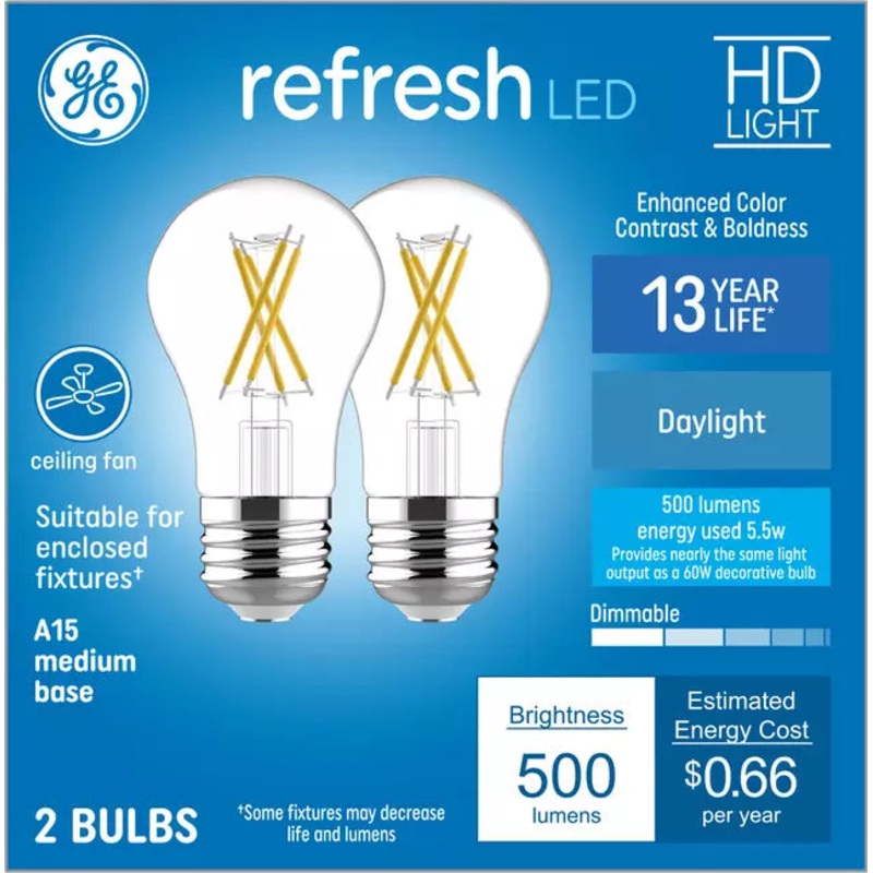 GE Refresh HD LED 60 Watt Replacement, Daylight, A15 Ceiling Fan Bulbs (2 Pack)