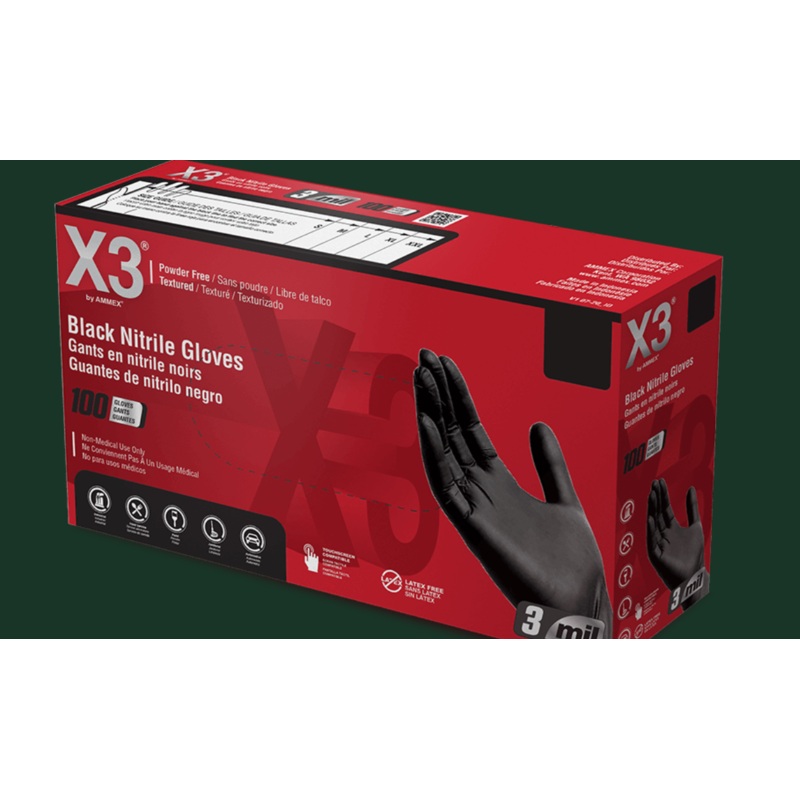 AMMEX X3 Black Nitrile Industrial Disposable Gloves