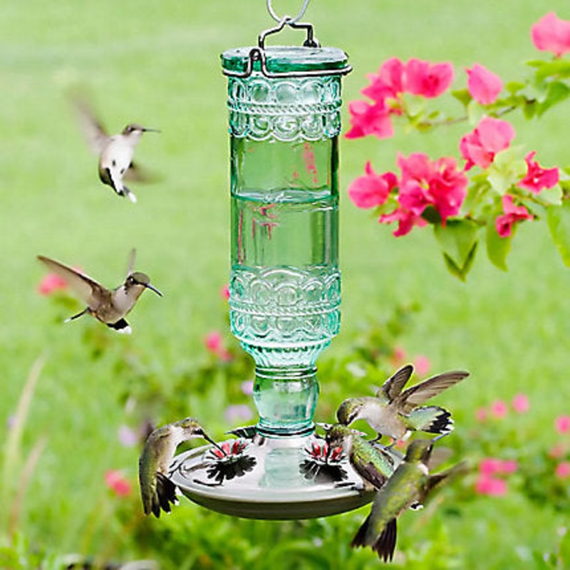 Perky-Pet Green Antique Glass Bottle Hummingbird Feeder – 10 Oz Nectar Capacity